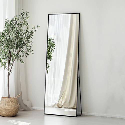 Full Length Floor Mirror 56x16 Inch, Matte Black Aluminum Metal Frame