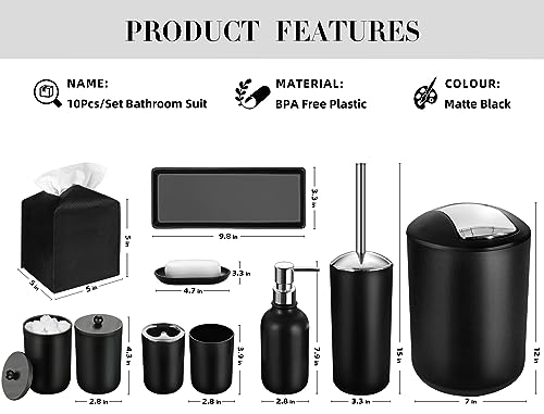10-Piece Matte Black Bathroom Accessory Set with Trash Can & Tissue Holder