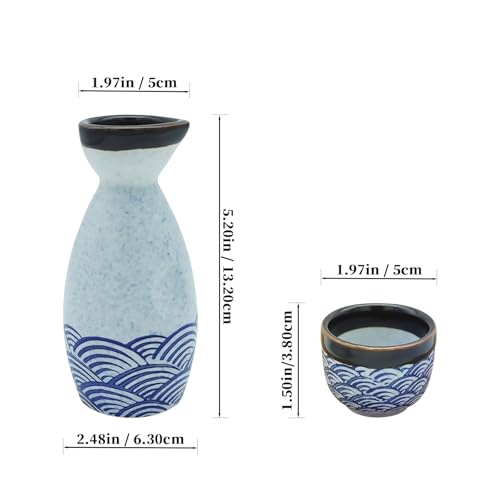 Japanese Porcelain Sake Set – 1 Bottle & 4 Cups with Blue Wave Pattern, KeQiu