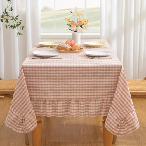 KKJIAF Light Pink Gingham Tablecloth 60 x 120 Inch, Cotton Plaid Table Cover