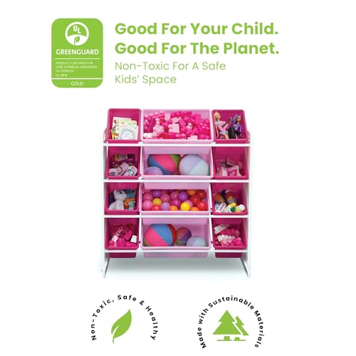 Kids Toy Storage Organizer with 12 Plastic Bins - White and Pink