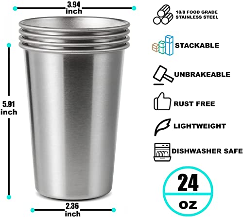 8 Pack 24oz Stainless Steel Pint Cups - Unbreakable Stackable Metal Glasses