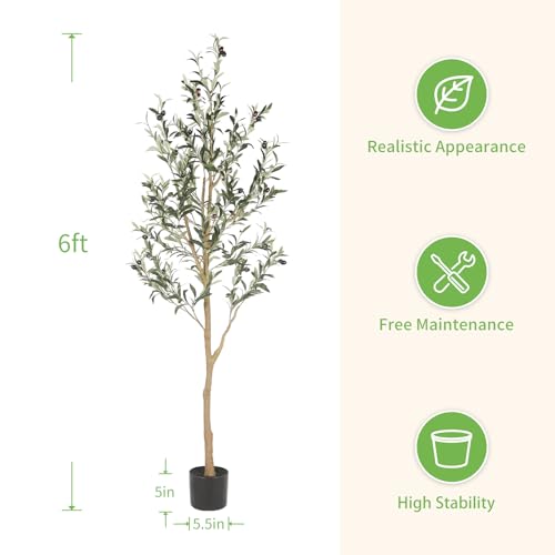 6ft Faux Olive Tree with Natural Trunk & Realistic Leaves