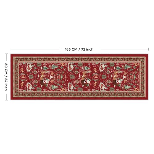 Artoid Mode 2' x 6' Red Santa Claus Deer Christmas Runner Rug – Low-Profile Non-Slip Washable Hallway Carpet