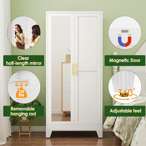 71" Metal Wardrobe Closet with Mirror, Freestanding Steel Clothing Armoire