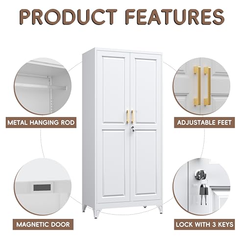 71-Inch Metal Wardrobe Closet with Locking Doors and Adjustable Shelves