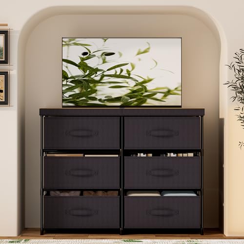 6-Drawer Fabric Dresser Storage Tower with Wooden Top & Metal Frame