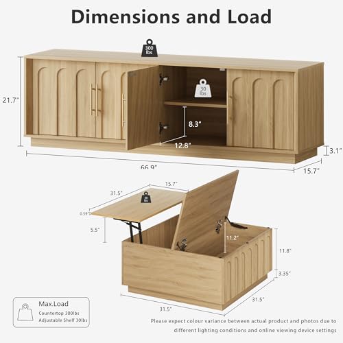 Mid-Century Modern 67" TV Stand and Lift-Top Coffee Table Set, Oak