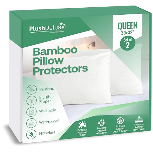 Waterproof Queen Pillow Protector Set - Bamboo Viscose Zippered Cover