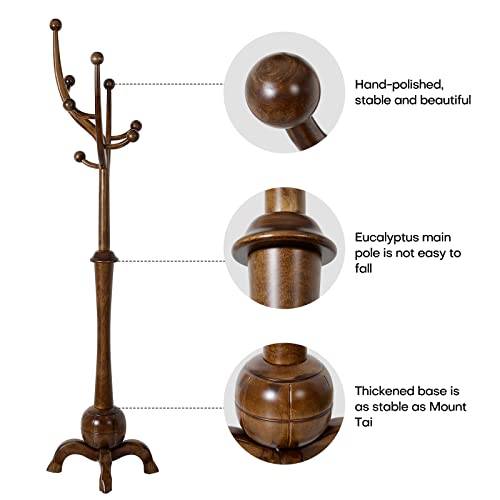 Solid Wood Freestanding Coat Rack, 8-Hook Tree Branch Design, Walnut Brown