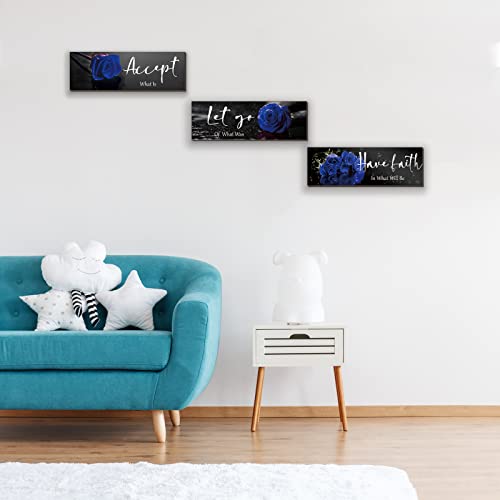 3-Piece Inspirational Floral Wooden Wall Art Set - Blue Rose Decor 12x4 Inch