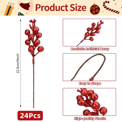 Jremreo 24 Pack 9 Inch Glitter Berry Stems – 15 Berries per Stem, Red Christmas Tree Ornaments & DIY Wreath