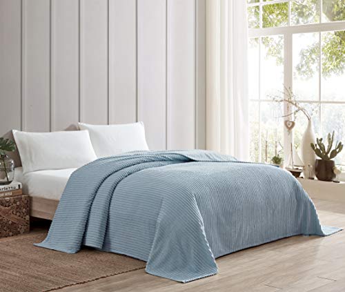 Queen Channel Chenille Bedspread - Soft 100% Cotton Blue Bedcover