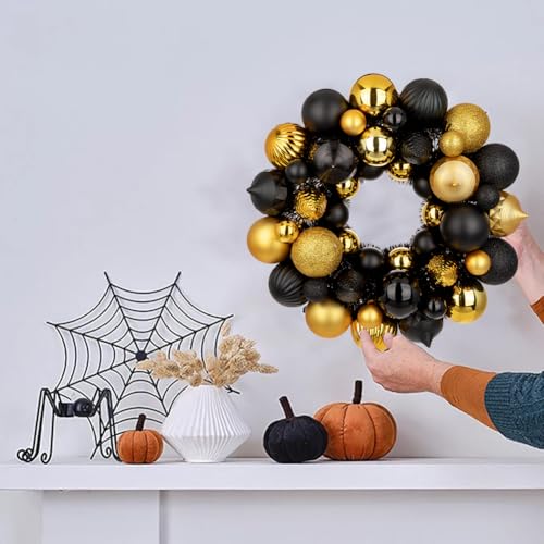 GnFlus Gold & Black Halloween Ball Wreath 13" Xmas Ornament Garland Decor