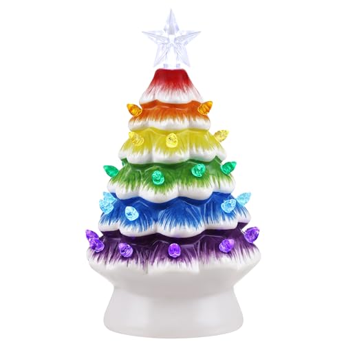 Mr. Christmas Nostalgic Ceramic Rainbow Christmas Tree with LED Lights, 7.5 Inch Indoor Holiday Decor