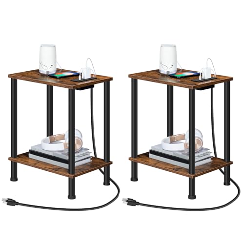 Set of 2 End Tables with Charging Station and USB Ports, Rustic Brown