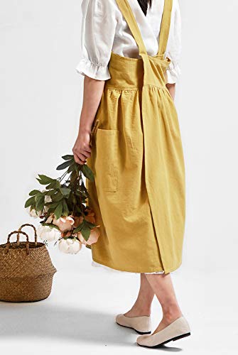 Cotton Linen Cross Back Pinafore Apron with Pockets - Yellow Smock