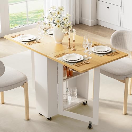 Folding Dining Table with Storage Shelf and Rolling Wheels, White