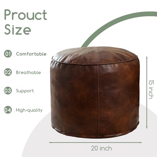 Round PU Leather Pouf Ottoman - 20x15 Inch Pre-Filled Foot Stool