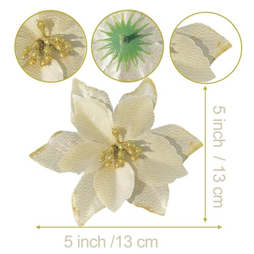 Bodosac 24Pcs Glitter Poinsettia Christmas Flowers with Clips 5in - Gold
