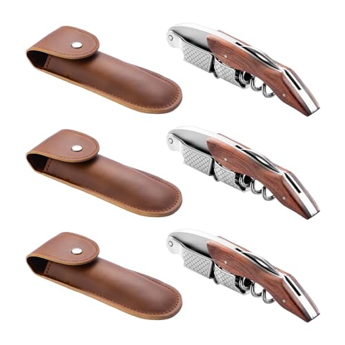 3-Pack Professional Waiter Corkscrew Wine Opener with Leather Travel Bag - Stainless Steel & Rosewood Handle, Ideal for Bars & Restaurants