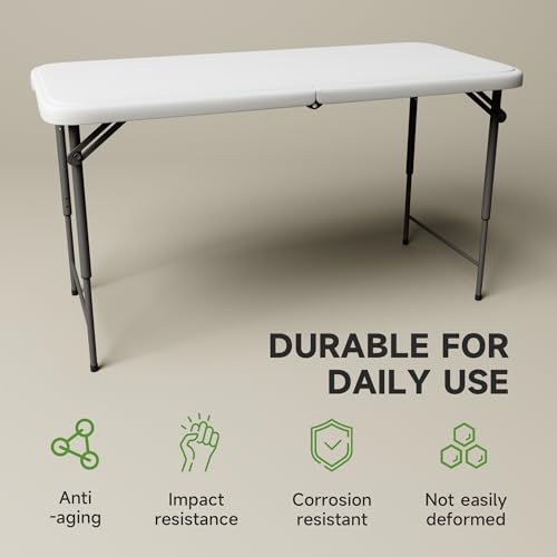 4-Foot Adjustable Height Folding Table - Heavy Duty Portable Utility Table
