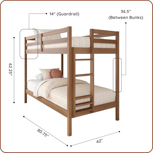 Twin Over Twin Bunk Bed with Guardrails and Reversible Ladder, Oak