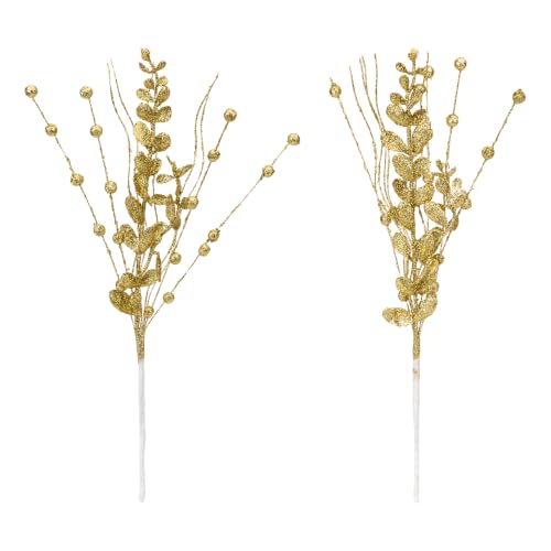 Sousi 24 Pack Gold Glitter Berry Stem - Christmas Glitter Twig Ornaments for Tree & Wreath, Holiday Decor