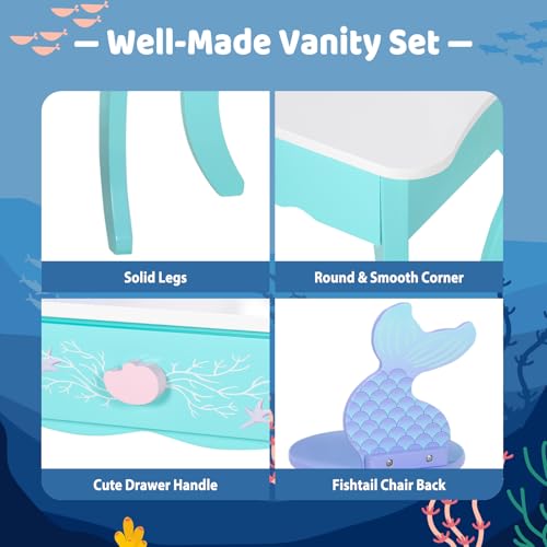 Kids Vanity Table and Chair Set with Lighted Mirror - Ocean Theme