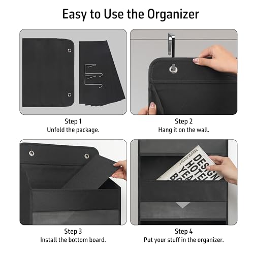 Over the Door Organizer with 4 Large Clear Pockets - Black Hanging Storage