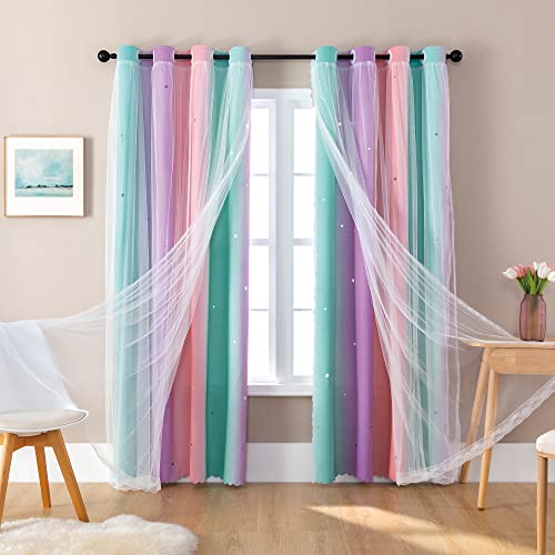 XiDi Double-Layer Rainbow Blackout Curtains with Star Cutouts, 63x34
