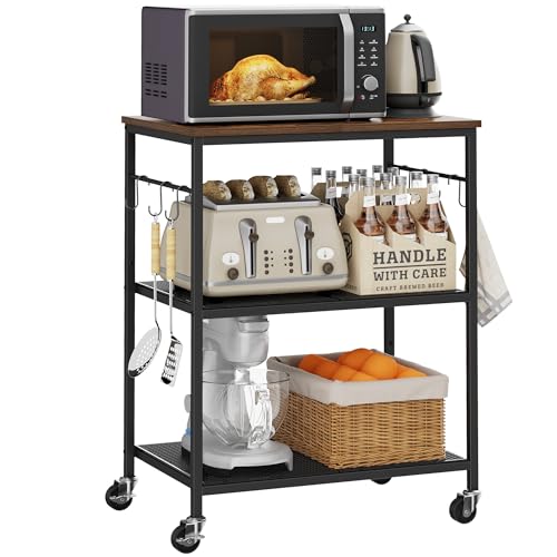 3-Tier Rolling Kitchen Utility Cart with Microwave Shelf and 6 Hooks