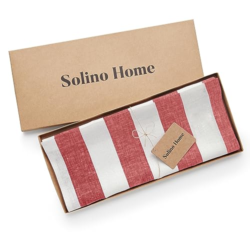 Solino Home 100% Linen Table Runner Red & White Stripe 14 x 90 Inch – 6–8 Seater