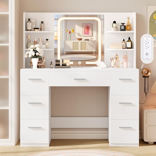 43-Inch White Makeup Vanity Desk with LED Mirror & Charging Station