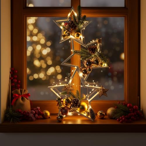 3 Pack Wooden Star Christmas Decor with LED Lights - Rustic Farmhouse Style