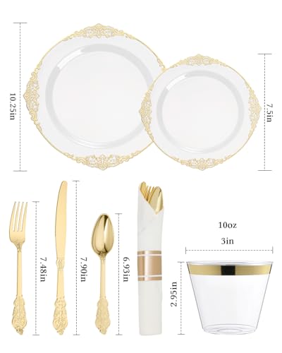 Goodluck 350-Piece Gold Trim Plastic Dinnerware Set for 50 Guests – Plates, Cutlery, Napkins, Cups