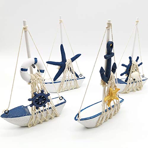 Mini Wooden Sailboat Decor Set - 4-Piece Nautical Beach Theme Figurine