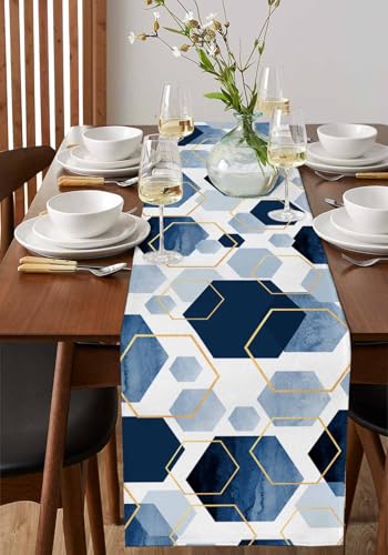 Onekaccu 13 x 48 Inch Navy Blue Geometric Table Runner - Washable Farmhouse Decor