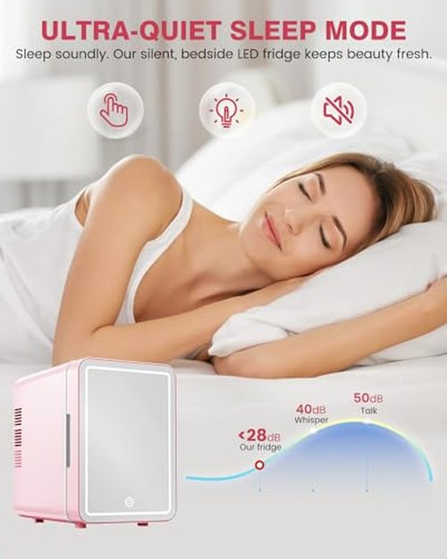 NISHCON Upgrade Skincare Fridge with Dimmable LED Light Mirror, 4L/6Can Cooler Warmer Mini Fridge for Skin care Cosmetic Makeup Beauty, Portable Mini Skincare Fridge for Bedroom Dorm Office Rv, Pink