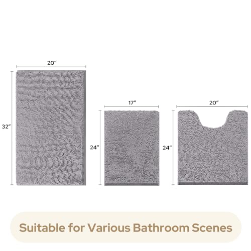 HOMEIDEAS 3-Piece Chenille Bathroom Rug Set, Soft Absorbent & Non-Slip Bath Mats, Grey