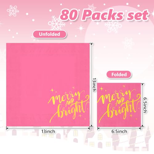 Whaline 80-Pack Pink & Gold Merry Christmas Napkins 6.5x6.5in (13x13in unfolded)