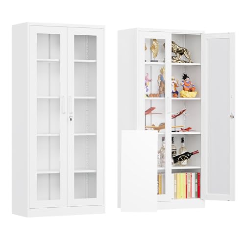 71-Inch Locking Glass Display Cabinet with 4 Adjustable Shelves, White