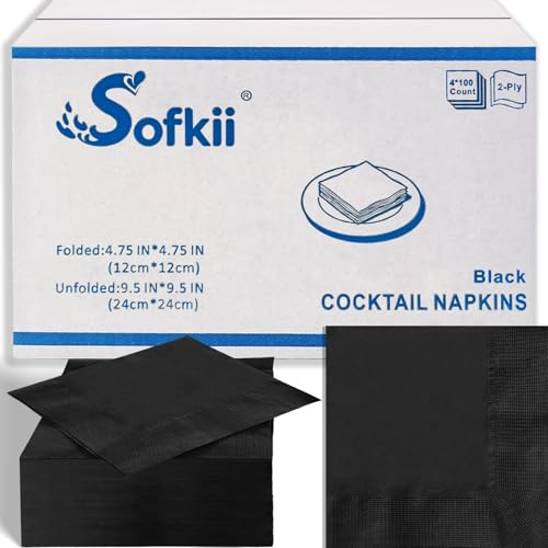 Sofkii Black Cocktail Napkins 400 Count - 4 Packs, 2-Ply, 4.75x4.75 Inch, Disposable Bar & Party Supplies