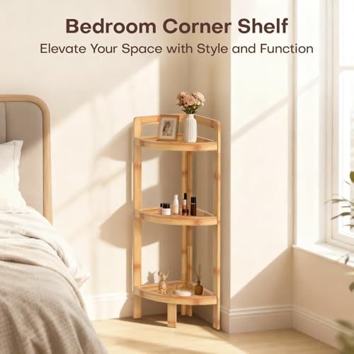3-Tier Bamboo Corner Shelf, Free-Standing Triangular Storage Rack