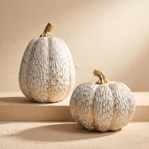 White and Gold Resin Pumpkin Decor Set of 2 for Fall Thanksgiving Table