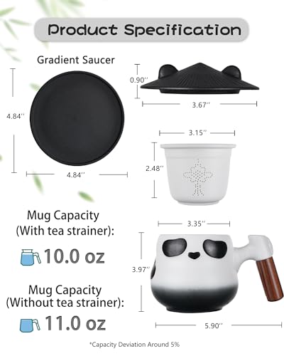 ZENS Panda Tea Infuser Mug with Lid & Coaster, 11oz - Black & White
