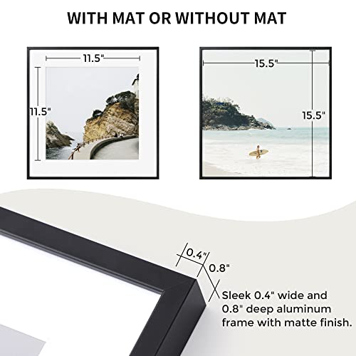 Fun Memories 16x16 Black Aluminum Frame with 12x12 White Mat, Tempered Glass