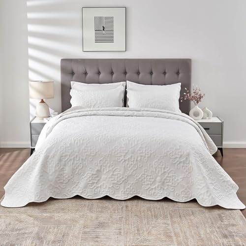 Kingnex Oversized King Bedspread Set - 128x120 White Quilted Coverlet & Shams