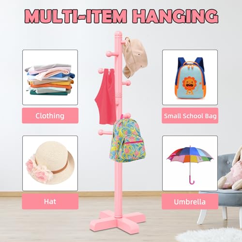 8-Hook Freestanding Wooden Coat Rack, Adjustable Height Pink Coat Tree