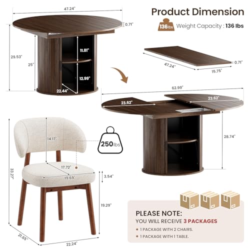 Extendable Round to Oval Dining Table Set with Storage and Chairs